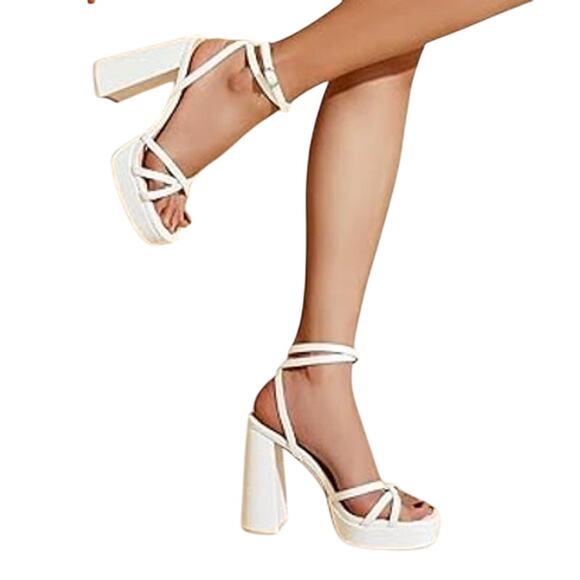 Abbleet Womens Size 9 White 5.25" Block Platform Heels Ankle Strap Sandal Shoes - Picture 2 of 9